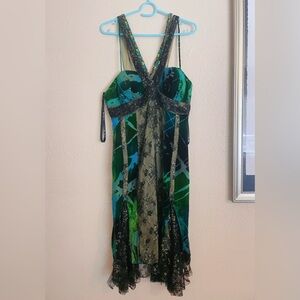 VTG Designer Diane Freis Green Velvet Silk Jeweled Cocktail Dress Size10